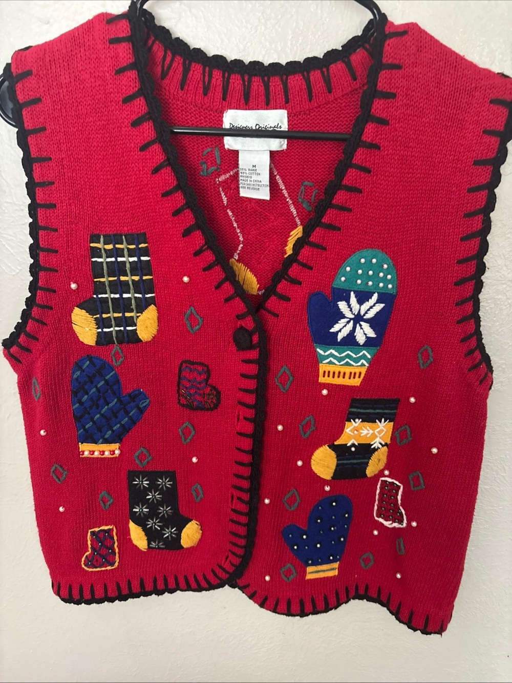 Vintage Designers Originals Red Holiday Vest with Mitten & Sock Appliqués